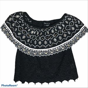 Anthropologie Off The Shoulder Crochet Black Top